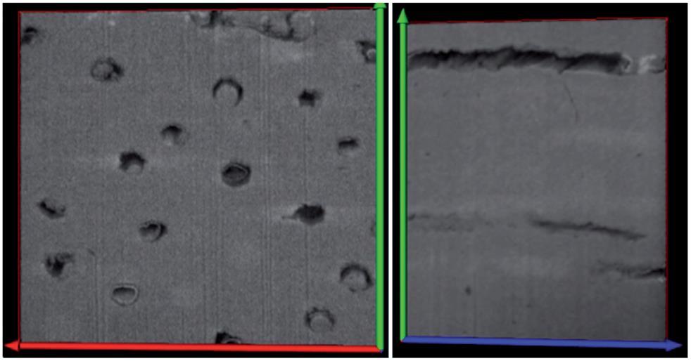 Figure 35 The SE images showing the distribution and alignment of the tubules for 3 axes: red arrow correspond to x axis, whereas blue arrow