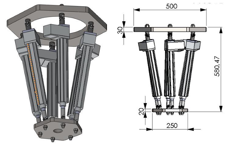Şekil 1. Tasarlanan katı model ve temel ölçüler. Şekil 1 incelendiğinde Stewart esaslı takım tezgahı modelinin altı adet tahrik elemanına sahip olduğu görülmektedir.
