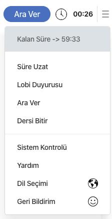 17 UZEM KILAVUZU 5) Oturum Ayarları Düğmesi Ekranın sağ üst kısmında bulunan Kamera ve Mikrofon Paylaşım Penceresi ve Oturum Süresi arasında bulunan üst üste paralel çizgiler Oturum Ayarları Düğmesi