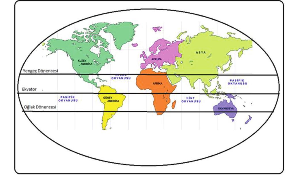 35. Mevsimler ve iklim konusunu işleyen bir öğretmen üzerinde Dünya daki kıtaların ve dönencelerin yer aldığı aşağıdaki haritayı sınıfa getirmiştir.