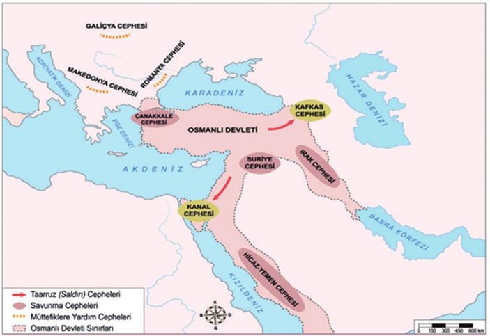 15. (Harita 2018-2019 TC. İnkılap Tarihi ve Atatürkçülük Ders Kitabı Sayfa: 41) Osmanlı Devleti nin I. Dünya Savaşı nda yer aldığı cepheler haritasına göre hangisi kesin olarak söylenebilir?