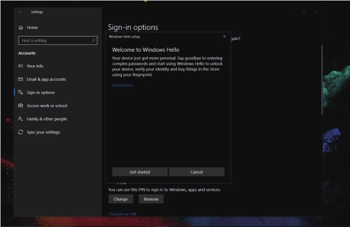 Windows Hello altında ayar yapmak için kullanılabilir seçenekleri göreceksiniz. e. Get started.