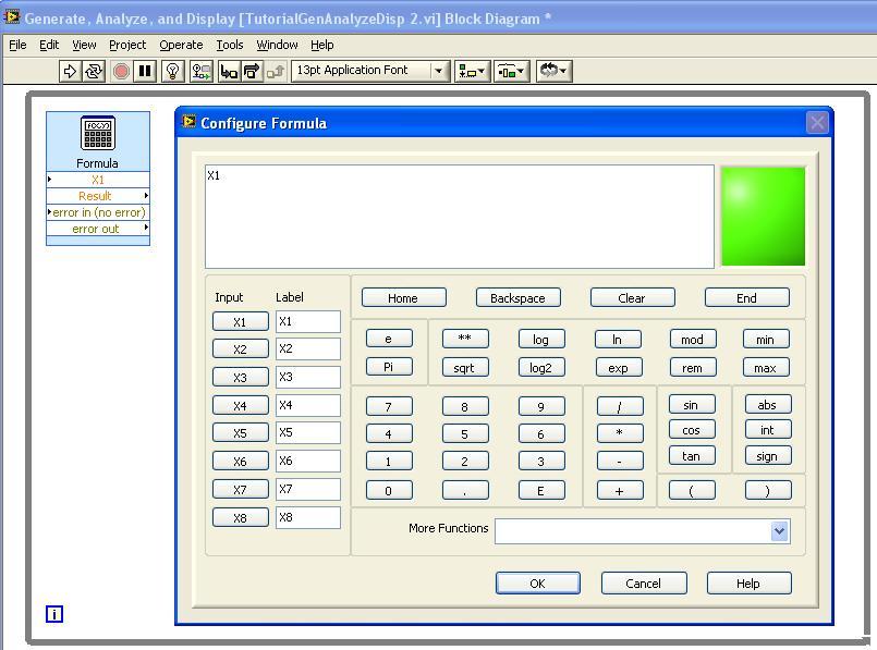 Processing the Acquired Data Formula Express VI uses a calculator interface to create mathematical formulas.