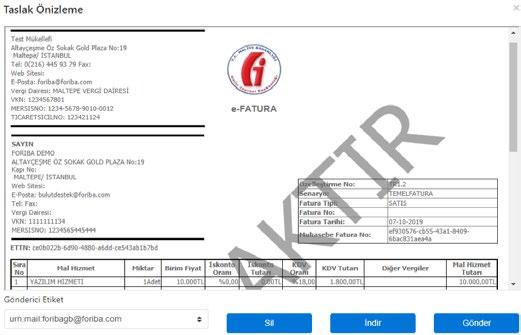 21 3.2.2. Detaylı Arama Detaylı Arama butonuna tıklayarak taslaklarınızı en fazla üç aylık bir zaman aralığında aratabilirsiniz. 3.2.3. Taslak Özellikleri Fatura taslağınızı seçtikten sonra önizleme butonuna tıklayarak, faturanızı aşağıdaki gibi ön izleyebilirsiniz.