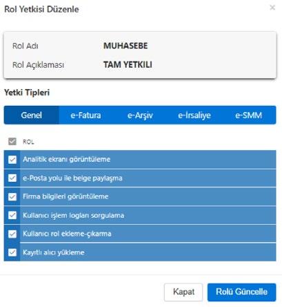 80 Eklenmesi veya çıkarılması gereken rol seçimlerini düzenleyebilir, Rol Güncelle butonunu seçerek yetki düzenlemesini