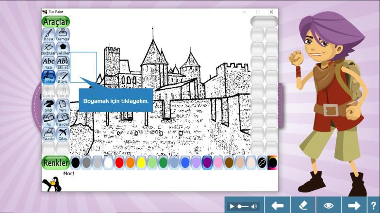 Renk Seç butonunu kullanarak farklı renkleri keşfeder. Büyü aracında yer alan efektleri kullanır. Seçtiği efekti tüm resme uygular. Renk Al butonunun görevini öğrenir.