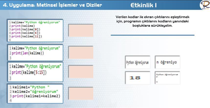 Giriş ve Algoritma uygulamasında öğrenciler programlama ve algoritma kavramlarını tanırlar. Öğrenciler problem çözerken farklı sıralama algoritmaları kullanabileceklerini keşfederler.