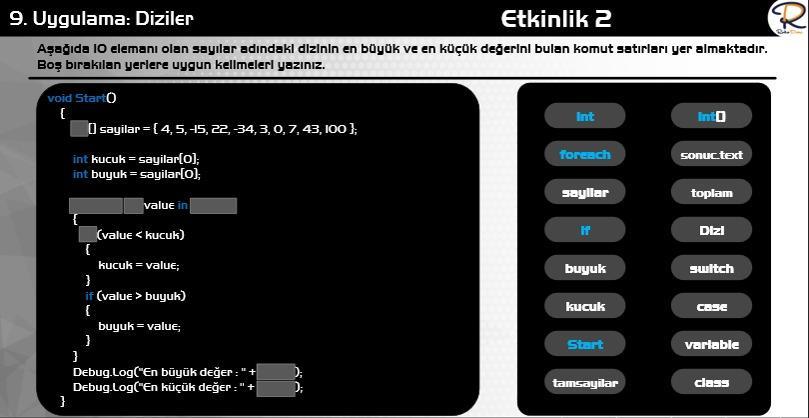 Uygulamanın amacı Unity arayüzünde yer alan panelleri ve görevlerini öğrencilere tanıtmaktır. GameObject uygulamasında oyun tasarımında sıklıkla kullanılan GameObject lerin mantığını öğrenirler.