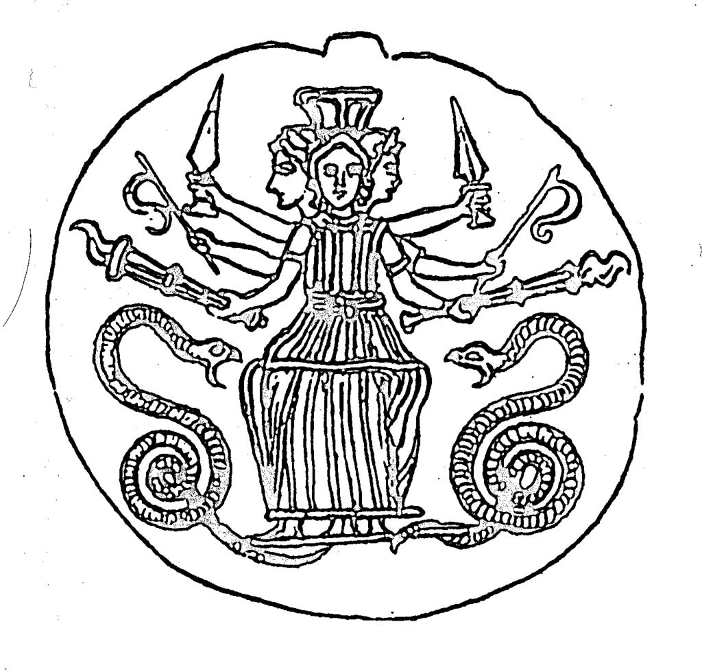 KLASiK DÜNYA'DA KÖTÜLÜK Hekate, mücevher üzerine kabartma, Roma. Gece ve ölüler ülkesi tanrıçası Hekate, Artemis'in karanlık yüzünü temsil ediyordu ve kara büyünün efendisi idi.