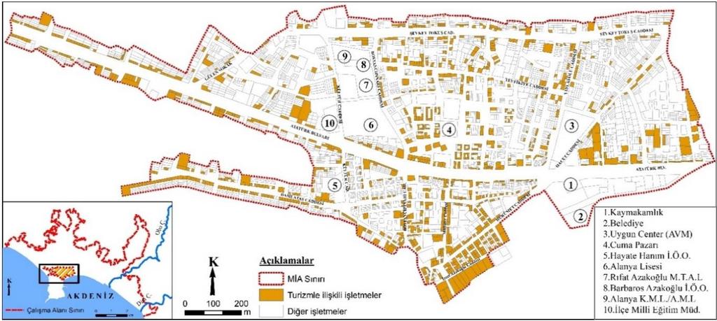 işletmelerin dağılışı Figure 4- Distribution of tourism related businesses in Alanya central business district Tablo 1- Alanya merkezi iş alanında turizmle ilişkili işletmelerin dağılışı Table 1-