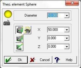 Oluşturulacak teorik kürenin Çap () (Diameter) değerini giriniz. Kartezyen koordinat sistemi () (Co-or. mode cartesian) butonunun seçili olmasına dikkat ediniz.