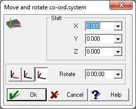 Koordinat sistemi taşımak için, taşımak istediğiniz Eksen değerlerini () giriniz. Koordinat sistemini döndürmek için Döndürme eksenini () ve Döndürme açısını () giriniz. OK () butonuna tıklayınız.