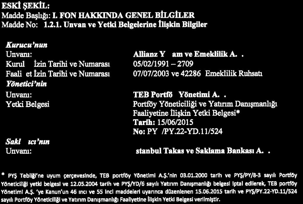 Emeklilik A.. 05/02/1991-2709 07/07/2003 ve 42286 Emeklilik Ruhsatı TEBPortfB Yönetimi A.. Portföy Yöneticüiği ve Yaünm Damşmaıılığı Faaliyetine Üişkin Yetki Belgesi* Tarih: 15/06/2015 NosPY /PY.