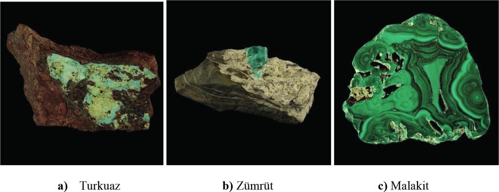 Şekil 3: Kıymetli taşlar (İİBTTM, 2019) Bakır mâdenleri arasında bir malakit (Cu 2 CO 3 (OH) 2 ) mâdeni vardır. Bu nedenle bir kapta eritildiğinde ona bağlı olan bakır ortaya çıkar.