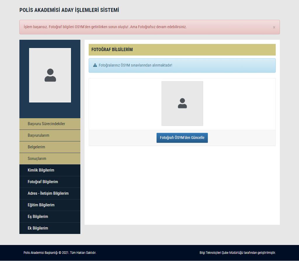 AİS de Kişisel Bilgileri Güncelleme AİS de Fotoğraf Bilgilerini güncellemek için Fotoğrafı ÖSYM den Güncelle butonuna