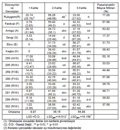 4. BULGULAR VE TARTIŞMA Şule Hilal ATTAR Çizelge 4.4. Seçilmiş melez çilek genotipleri ile ebeveynlerinin meyve kalite sınıflarına ait değerler (%) Genotip ve ebeveynlerin ikinci kalite meyve