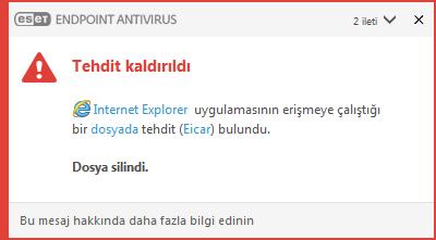 Temizleme ve silme Gerçek zamanlı dosya sistemi korumasının gerçekleştireceği önceden tanımlı bir eylem yoksa, uyarı penceresinde bir seçenek belirlemeniz istenir.