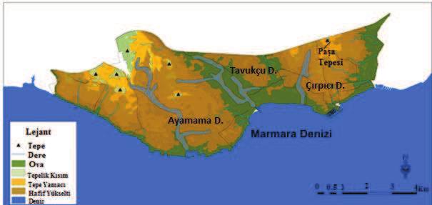 Harita 6: Bakırköy İlçesi Jeomorfoloji Haritası 1.3. Bakırköy ün Hidrografik Özellikleri 1.3.1. Bakırköy ün Dereleri Çırpıcı, Ayamama ve Siyavuşpaşa dereleri Bakırköy ün kuzeyinde yer alan ilçelerinden doğarak Marmara Denizi ne dökülürler.
