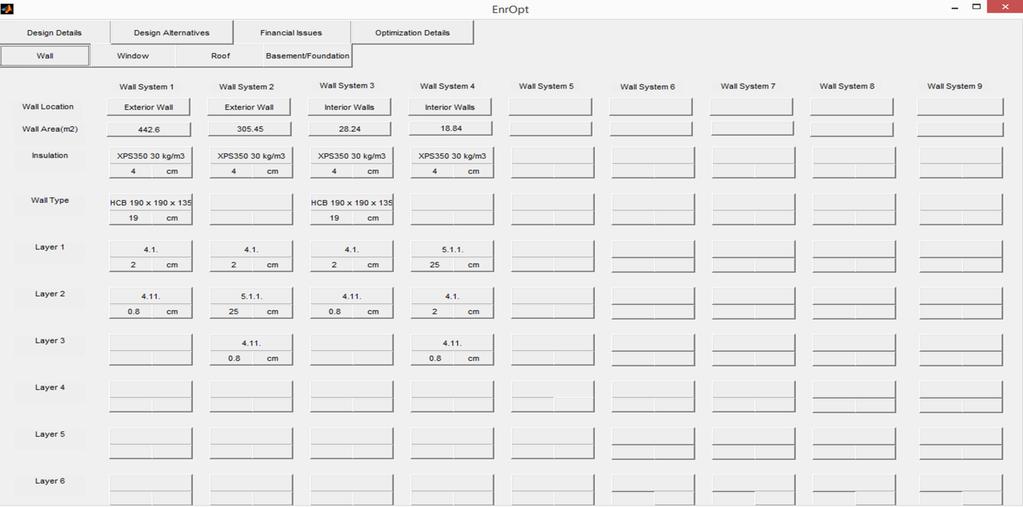 Step 3: Design details show excel based design of wall, window, roof and floor/ foundation in GUI.