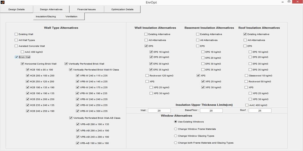 Step 4: Design alternatives for wall type and insulation type for different building component and window system are selected and