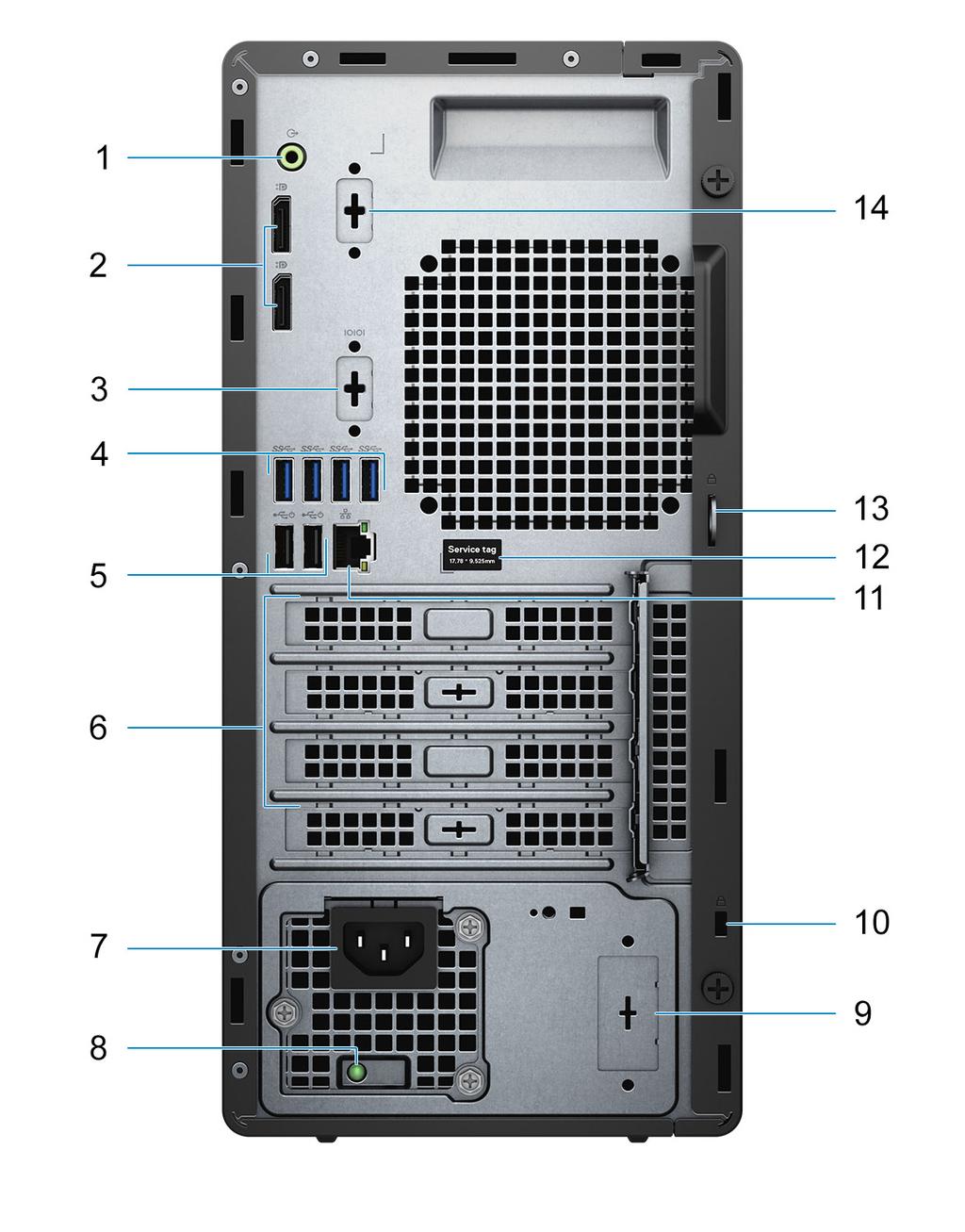 Geri 1. Hat çıkışı/hat girişi ses bağlantı noktasının işlevini değiştirme 2. İki adet DisplayPort 1.4 3. Seri/PS2 yuvası (isteğe bağlı) 4. Dört adet USB 3.2 Gen 1 Tip A bağlantı noktası 5.