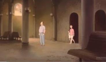 İstasyonun iç mekânı, film görüntüsü (Ruhların Kaçışı, 2001) İstasyonda duydukları tren sesi ile tünelin diğer ucuna doğru yürüyen aile üyelerini istasyondan çıktıklarında kurumuş bir dere yatağı ile