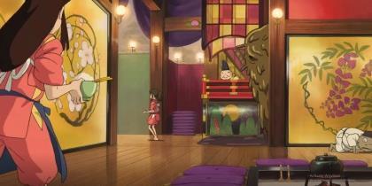 Chihiro nun temizlediği oda, film görüntüsü (Ruhların Kaçışı, 2001) Chihiro nun bu odanın temizliğinden sonra yaptığı ilk büyük iş ilgilendiği ilk müşteri olan Okusare Sama yı karşılamak ve büyük