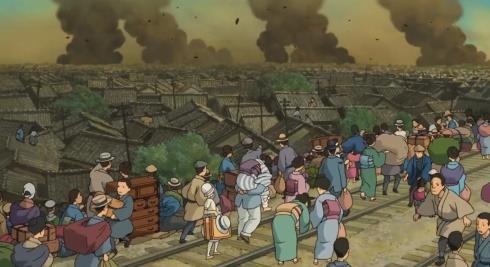 Kanto Depremi, film görüntüsü (Rüzgar Yükseliyor, 2013) Filmde Jiro nun