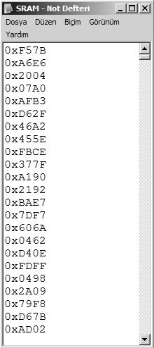 40 Buradaki kayıt hex formatında olduğundan, gerekli olan SRAM bitlerinin alınması için kullanılan kod bloğu verilen kodun içerisindedir. Böylece Şekil 17.