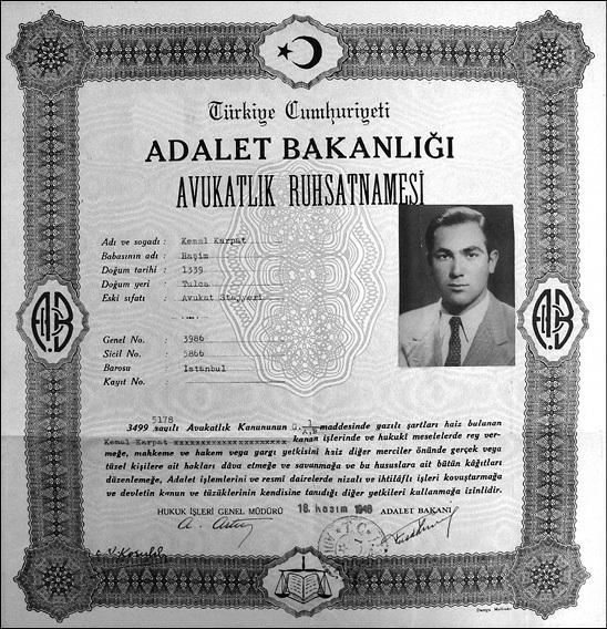 Karpat ın Hukuk Fakültesi ni bitirip stajını tamamladıktan sonra aldığı Avukatlık Ruhsatnamesi 18 Kasım 1948 tarihini taşıyor.