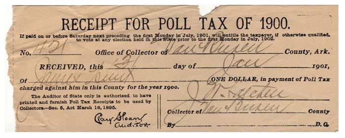 Örneğin 1885 Florida Anayasası, yasama organına baş vergisi koyma yetkisi verir ve bu vergi 1889 yılında oy kullanma hakkı için bir önkoşul haline getirilir.