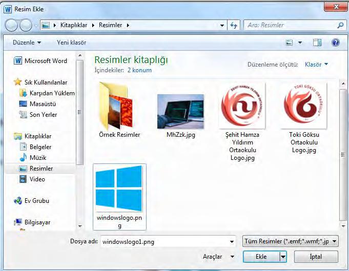 DOSYADAN RESİM EKLEME Belgenize bilgisayarınızda kayıtlı bir resmi eklemek için aşağıdaki aşamaları izleriz: 1. Ekle sekmesi /Resim i tıklayın. 2. Eklemek istediğiniz resmi bulun.