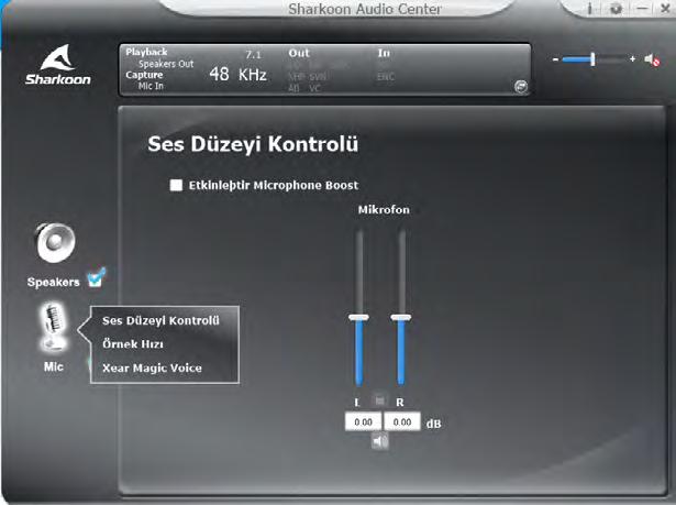 4. Mikrofon Sharkoon Audio Center, B2 ile kişiselleştirilmiş ses kaydı almanıza imkân tanır. Yazılım penceresinin solunda yer alan mikrofon simgesine sağ tıklayarak menüye ulaşabilirsiniz.