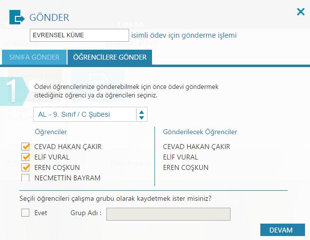 Gönderim ve Paylaşım Seçenekleri : G4 -> Gönder Butonu ders akışının istenilen gruplara paylaşımını sağlar.