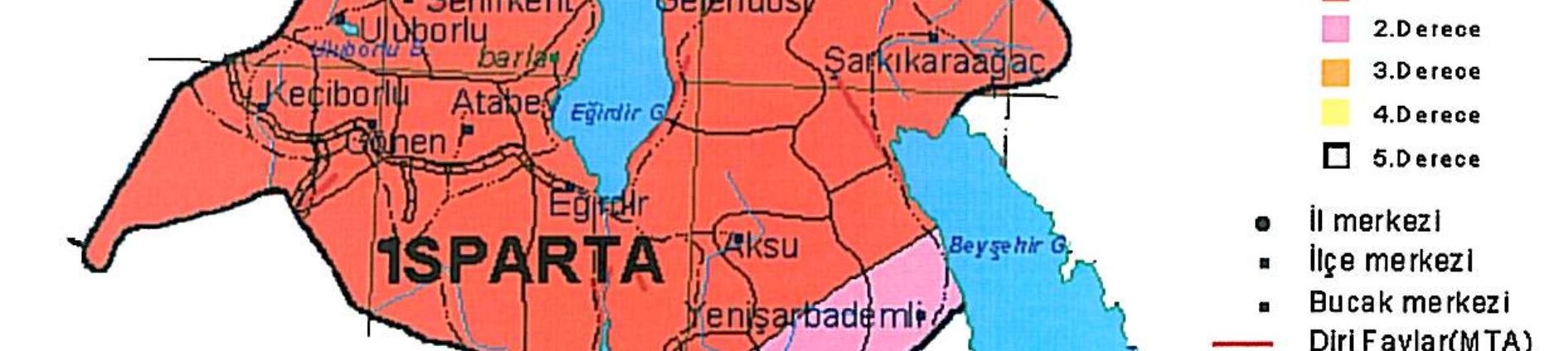 Şekil 2: Isparta deprem risk alanları Deprem kayıt istasyonlarının yetersizliği nedeniyle özellikle İl in güney ve doğu kesimlerinde yer hareketlerinin ve depremlerin sağlıklı izlenmesi mümkün