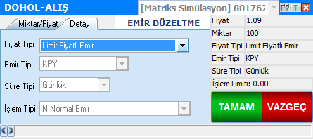 II.Emir Düzeltme İşlemi İMKB ya da VOB için bekleyen emirler sekmesinde görülen emirlere sağ tıklayarak Düzelt