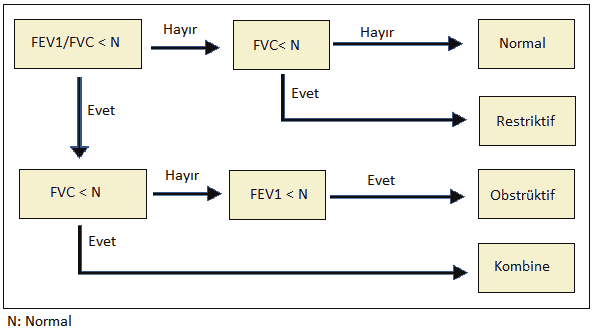 Şekil 7: Basit spirometriyi değerlendirme ve yorumlama algoritması REVERZİBİLİTE TESTLERİ FEV1 i %70 in altında olan hastalarda hava yollarındaki obstrüksiyonun reverzibl (geri dönüşümlüdüzelebilir)