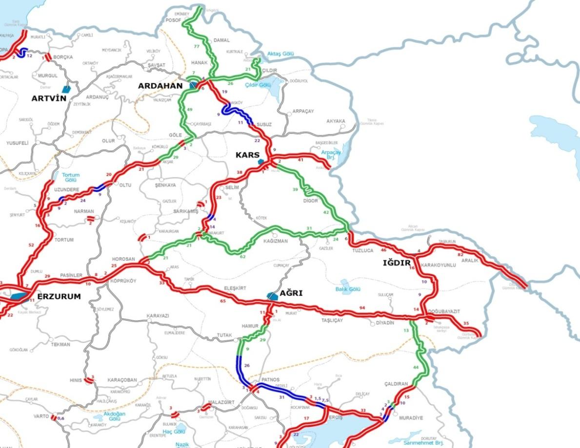 Not: Haritada kırmızı yollar mevcut bölünmüş yolları, mavi yollar inşaatı devam eden bölünmüş yolları ve yeşil yollar ise bölünmüş yol yapım ihalesi aşamasında olan yolları göstermektedir.