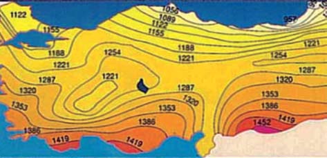 Devlet Meteoroloji İşleri Genel Müdürlüğünde (DMİ) mevcut bulunan 1966 1982 yıllarında ölçülen güneşlenme süresi ve ışınım şiddeti verilerinden yararlanarak EİE tarafından yapılan çalışmaya göre