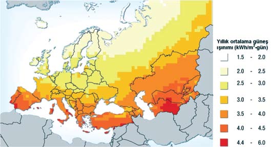 Şekil 6.10. - NASA verilerine göre hazırlanmış ortalama yıllık toplam güneş ışınımı Avrupa haritası (1983 1995 dönemi) (Kaynak: http://maps.grida.
