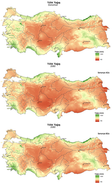 Şekil 8: İklim değişikliği sürecinde Türkiye de yıllık yağışlarda beklenen değişimler (Doğa Koruma Merkezi 3 ) 3_ 2080 öngörüleri