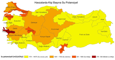 Şekil 12: Falkenmark Su Stres Endeksi ne göre havzalarda kişi başına düşen su miktarı (TÜİK ve DSİ verilerine göre DKM tarafından üretilmiştir.) 2.3.