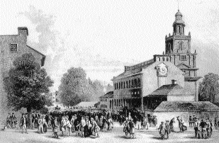 1787 de ABD Anayasas tasla n n haz rland Ba ms zl k Salonu önünde toplanm olan Philadelphia halk n gösteren, XVIII. yüzy lda yap lm bir gravür.