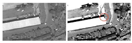 Ortogörüntü Üretiminde Yer Kontrol Noktası Seçimi ve Sonuçlara Etkisi Şekil 2: Orijinal (sol) ve kontrast genişletmesi (sağ) yapılmış görüntülerde bina köseşinin YKN olarak seçilmesi (Jacobsen, 2006)