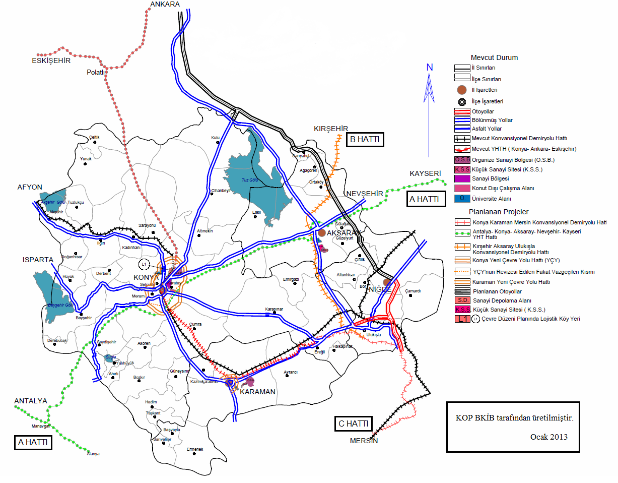 Şekil 16 KOP Bölgesi Ulaşım Mevcut Durumu ve Planlanan Projeler Haritası Şekil 16 da görüleceği üzere Antalya-Konya-Aksaray-Nevşehir-Kayseri demiryolu hattının (A Hattı) 340 km si,