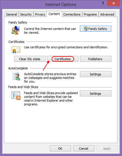 Internet Explorer için Sertifika Ayarları Internet Options menüsünden Content