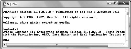 Şekil 4.9: SQL Plus bağlanma ekranı. Şekil 4.10: Create Table komutu ile Hastalar tablosunun oluşturulması. Bir komut yazılırken birden fazla satıra bölünerek yazılabilir.