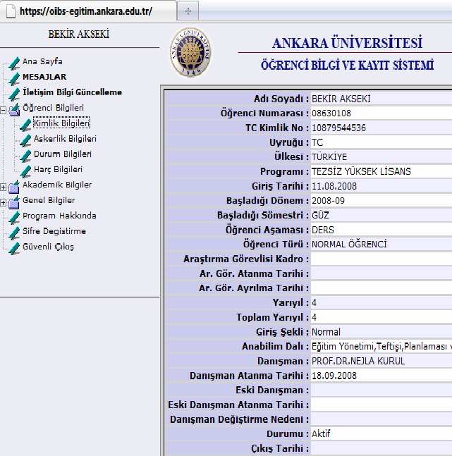 Şekil 4 de öğrenci kendi programını seçtiğinde o döneme atanmış tüm ders bilgilerini (kodu, adı, dersi verecek öğretim üyesi kimliği, kredisi ve statüsünü)