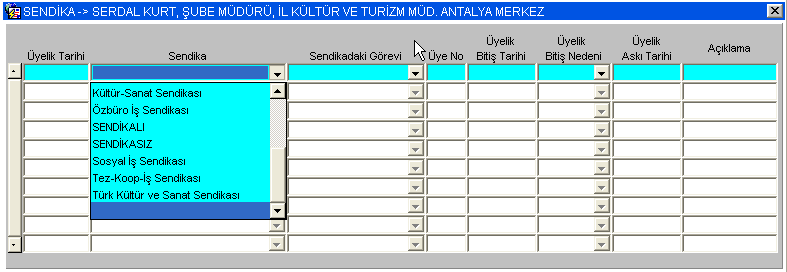 Sendikaları Personelin sendika üyeliklerinin takip edildiği ekrandır. Bu ekrana girilen bilgilerden Sorgu Koşulu ekranı ile sorgulama yapılabilir.