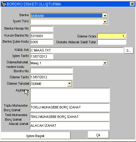 Hesaplanan bordroların banka disketlerini oluşturmak için BANKA DİSKETİ tuşuna basılır.